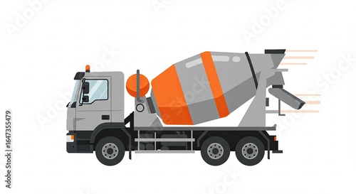 Gray Cement Mixer Truck with Orange Stripe Moving Fast