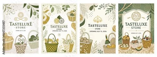 Decorative posters for a gourmet store opening, featuring elegant designs and vibrant colors.
