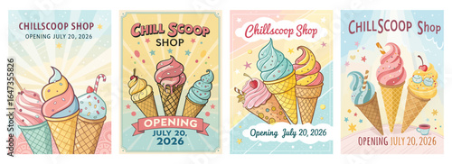 Colorful, playful ice cream shop posters featuring cones and sundaes celebrating a grand opening.