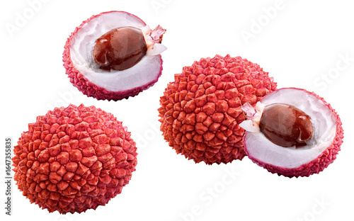 Fresh sweet lychee (litchi) tropical fruit with red rind, white juicy flesh, glossy brown seed. Exotic ingredient for desserts, drinks, cocktails. High-res food photography for packaging and branding