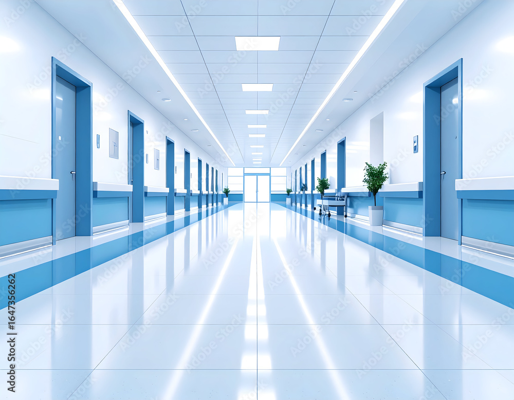 Fototapeta premium Modern hospital corridor with clean, blue and white interior design, bright lighting, and doors along the hallway