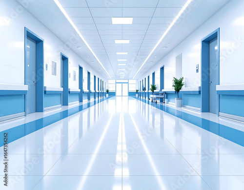 Wallpaper Mural Modern hospital corridor with clean, blue and white interior design, bright lighting, and doors along the hallway Torontodigital.ca