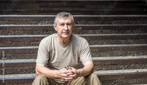 Pensive European senior man, emotional portrait of reflection and life challenges. Emotive portrait of a 55–65 year old man outdoors