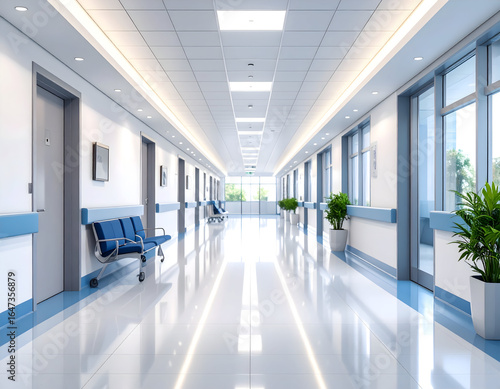 Bright hospital hallway with seating and potted plants, a clean and welcoming space