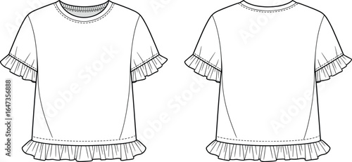 Fashionable ruffle sleeve top, CAD drawing, flat vector illustration, trendy garment sketch, apparel design, fashion technical sketch, Adobe Stock image