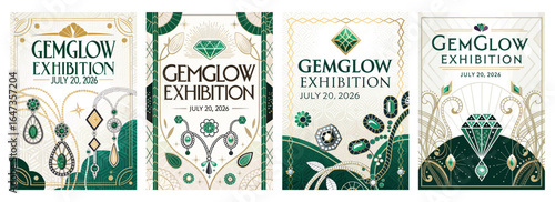 Elegant promotional designs for the GemGlow Exhibition featuring intricate jewel motifs and a sophisticated color palette.