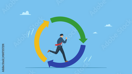 Businessman running on habit circle arrow diagram. Working habit, life cycle or daily routine behavior, agile development, discipline or working efficiency, procedure or process to success.