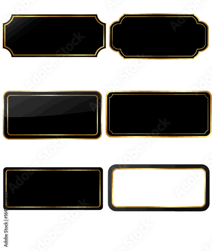 Elegant collection of black and gold frames, vintage plaques, and glossy banners. Vector illustration set for graphic design elements.