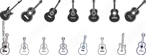 Collection of Acoustic and Electric Guitar Icons: Simple, Monochrome, Vector Graphics.