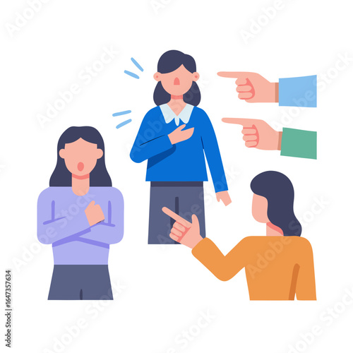 Women hear misogyny and discriminatory remarks from men pointing fingers at frustrated victim. Problem of misogyny based on gender stereotypes and infringement of rights of girls in workplace See Less