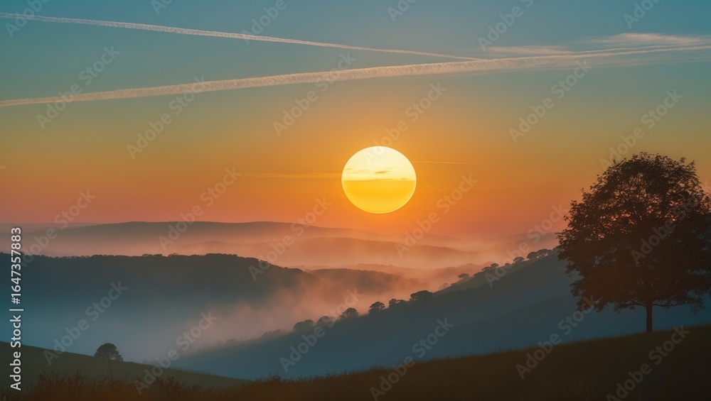 Fototapeta premium Sunrise over rolling hills with mist and a lone tree, capturing a peaceful morning landscape.