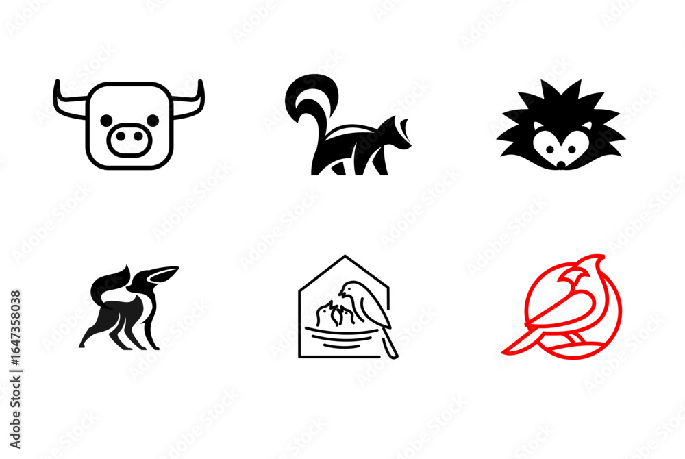 Fototapeta premium Set of animal logos: bull, skunk, hedgehog, bird icons