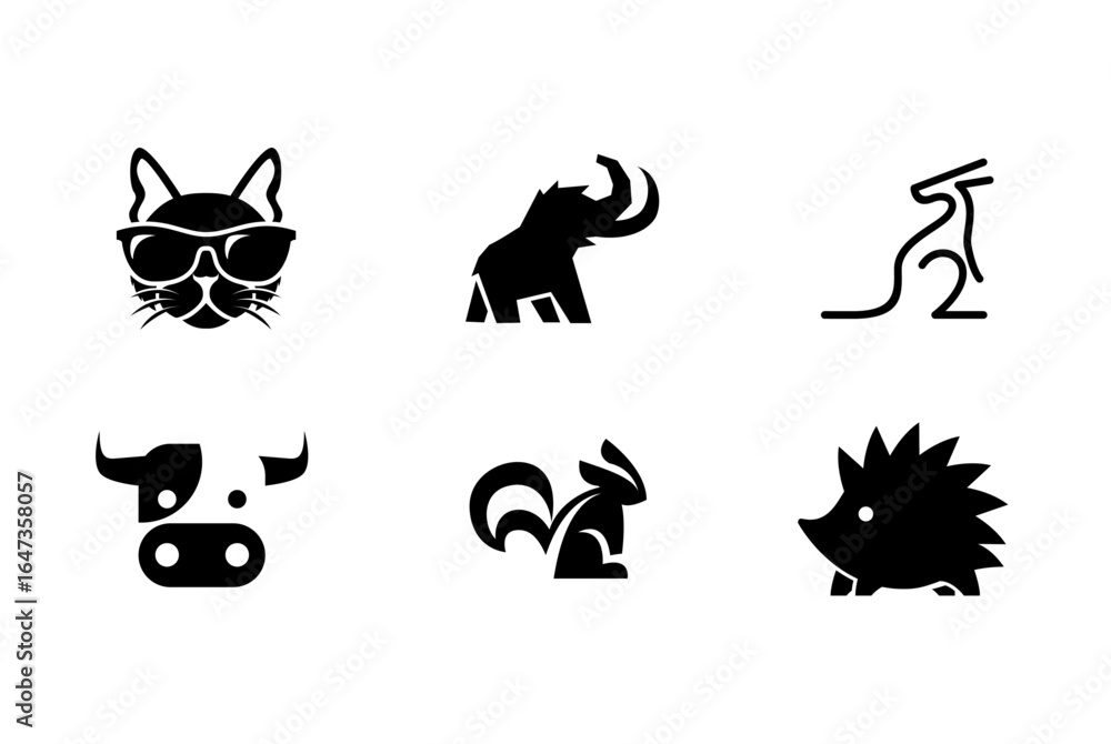 Naklejka premium Vector animal icons set: cat, mammoth, kangaroo, cow, skunk, hedgehog.