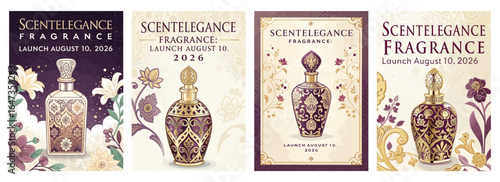 Elegant fragrance packaging designs featuring intricate floral details and rich colors.