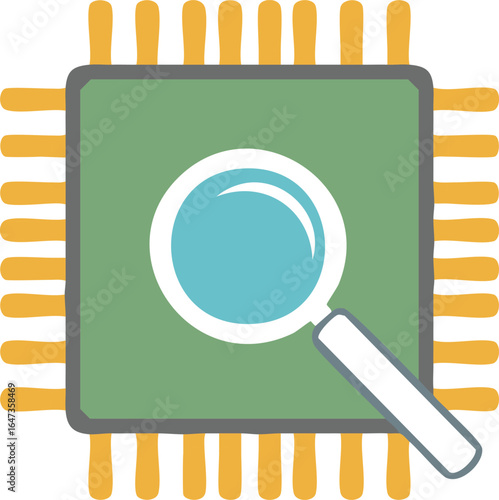 Vector Cartoon Computer Chip with Magnifying Glass and Gold Pins in Flat Design