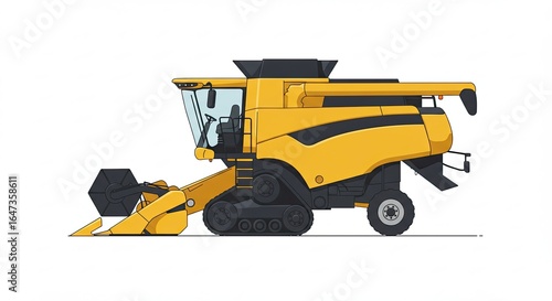 Yellow Harvesting Combine Isolated on White, Farm Equipment Illustration