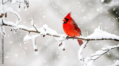 A vibrant red cardinal perched on a snow covered branch during a gentle snowfall in winter season scene