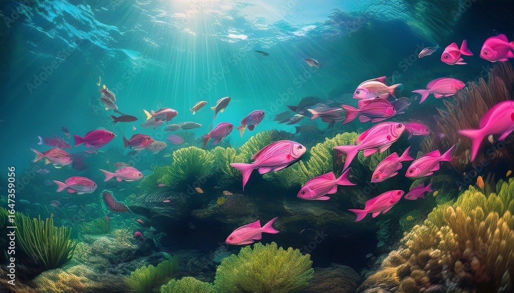 Fototapeta premium a school of vibrant pink fish swim in a lush green underwater paradise