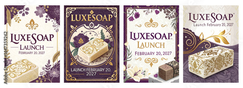 Elegant promotional posters for LuxeSoap launch featuring intricate floral designs and soft color palettes.