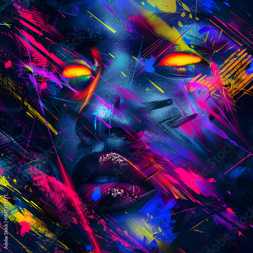 An abstract neon portrait of a human face surrounded by energetic brush strokes and glowing colors. The artwork conveys intense emotion, inner chaos, and modern digital expression through bold contras