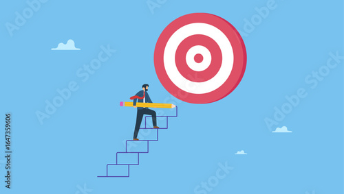 Businessman use pencil to draw stair step to reach success. Build stair to reach target, career success or progress to achievement, business goal or future succeed, effort to grow career path.