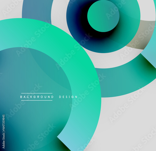 Abstract geometric shapes overlap. Teal, turquoise, navy hues dominate design. Minimalist aesthetic, modern feel. Clean composition.