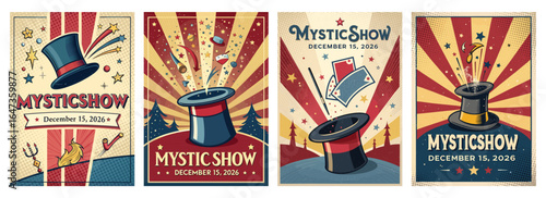 Vintage-style poster set promoting a magic show featuring top hats and playful illusions.