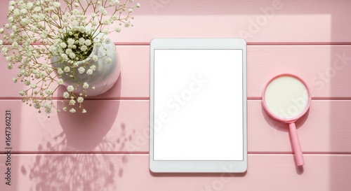 Minimalist pink desk setup with smartphone and delicate flowers