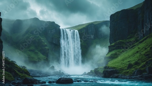 Spectacular waterfall in a lush green landscape with cliffs and mist, showcasing natural beauty and serenity.