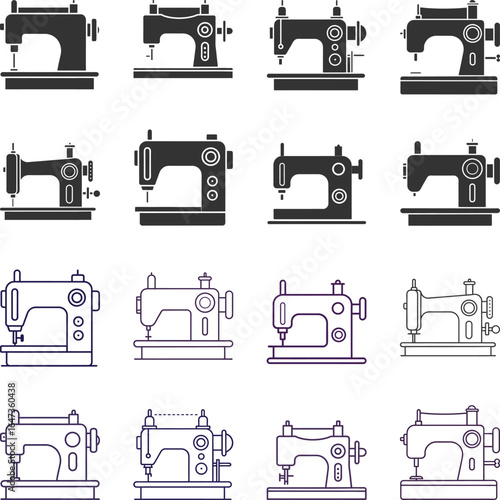 Sewing Machine Icons:  Solid and Outline Styles, Vintage and Modern Designs, Craft Collection