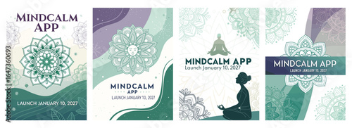 Set of promotional images for the MindCalm app launch featuring calming designs and soothing colors.