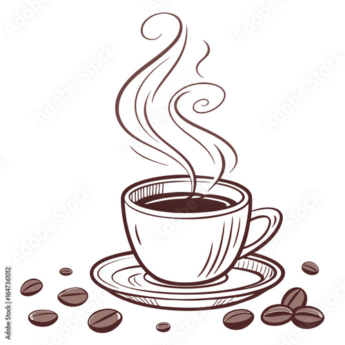 Hot coffee cup with steam and beans saucer