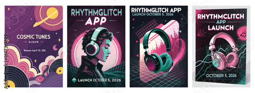 Colorful retro-inspired graphics promoting the 'RhythmGlitch App' launch, featuring headphones and vibrant cosmic themes.