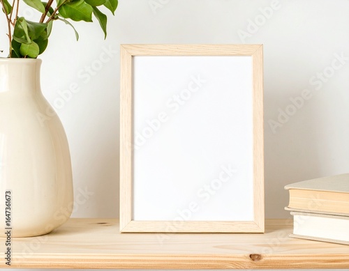 Minimalist Mockup: Wooden Frame, Vase with Greenery, and Books on Shelf