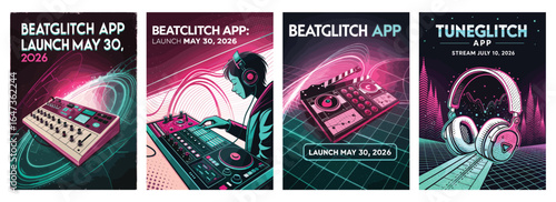 Vibrant promotional artworks for a new music app launch, showcasing retro-futuristic designs and DJ elements.