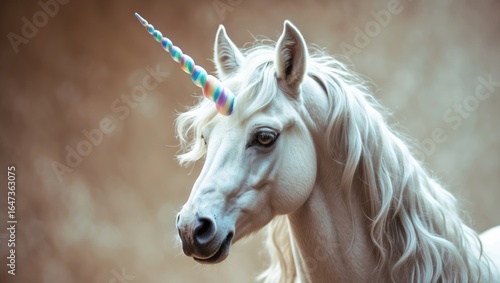 Wallpaper Mural A unicorn with a colorful horn and a white mane, set against a blurred background. Mythical creature with a majestic appearance. Fantasy and magical themes. Torontodigital.ca