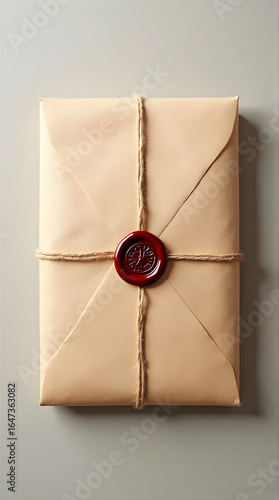 Beige paper envelope tied with string and sealed with red wax
