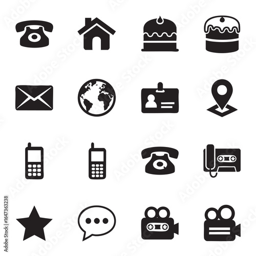 A grid of sixteen solid black icons featuring communication, location, and media devices telephone