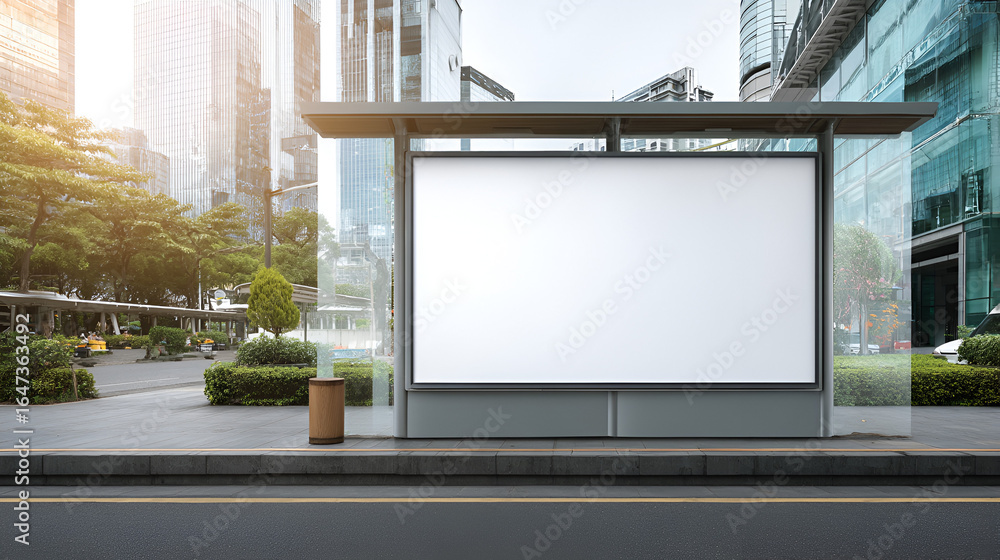 Fototapeta premium A blank billboard stands at a bus stop amidst a cityscape