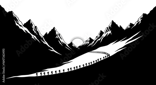 conquer the peak a dramatic silhouette of hikers ascending a mountain pass at sunrise symbolizing teamwork determination and the pursuit of success