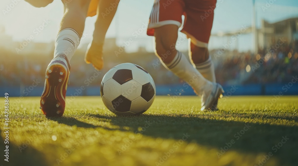 Fototapeta premium Dynamic Soccer Match: Close-Up of Players in Action on the Field under Sunlight