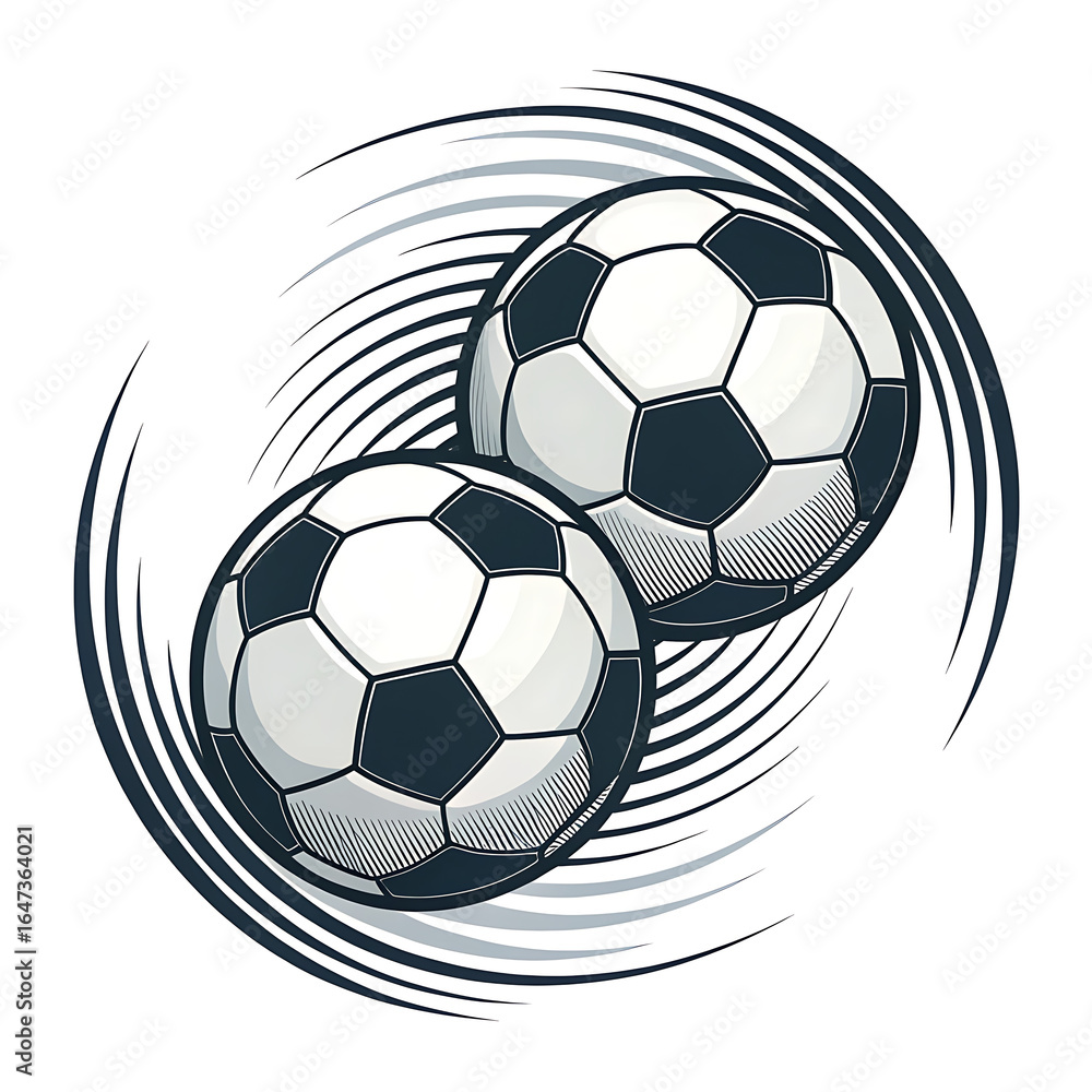 Obraz premium Two unique flying logo type soccer balls, stylized and outlined in black and white are depicted in motion on white background.