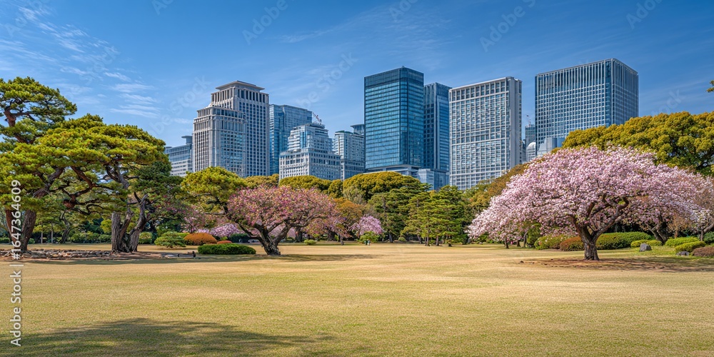Obraz premium 東京の公園、桜と近代的高層ビル群