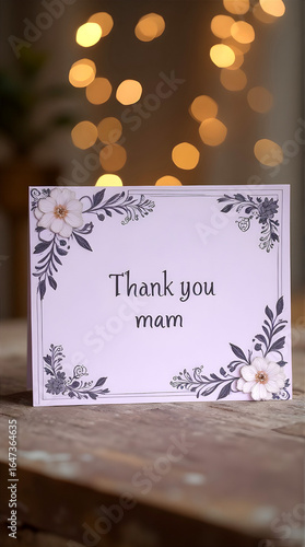 Thank you mam card with art nouveau decorative design on wooden table with bokeh background