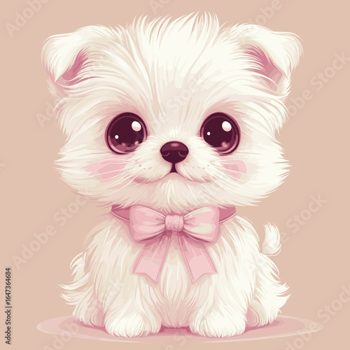 Cute fluffy puppy illustration with bow