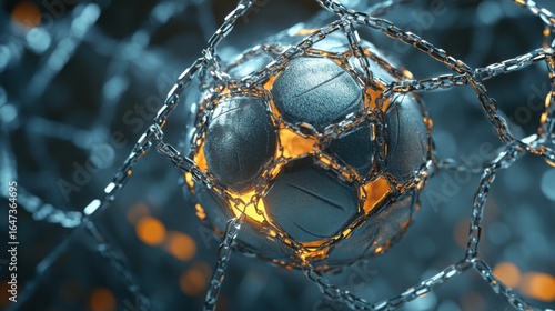 Abstract futuristic sphere constrained by chains radiating molten core brilliance