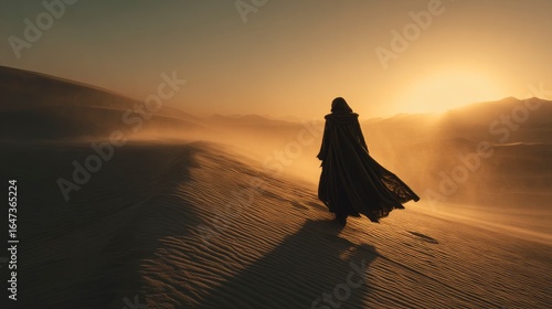 Silhouetted traveler on dunes at sunset, linen cloak billowing in wind against golden desert, lone explorer facing approaching sandstorm