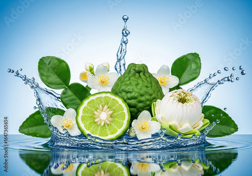 Fresh Kaffir Lime Bergamot Fruits with Water Splash and Green Leaves