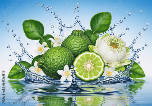 Fresh Kaffir Lime Lotus Jasmine Flowers Water Splash Blue Background