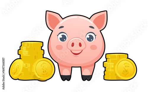 Cute cartoon pink pig with gold coin stacks, symbolizing financial savings, investments, and wealth management. Perfect for economic concepts.